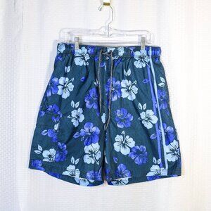 Nautica Size L cargo mesh lining swim trunks hibiscus blue tie front